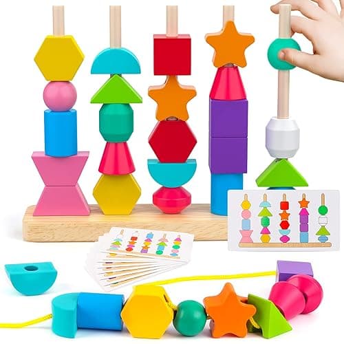 Montessori Wooden Beads Sequencing Toy Set, Stacking Blocks & Lacing Beads & Matching Shape Stacker for 2 3 4 5 Year Old STEM Preschool Learning Montessori Toys Gifts for Kids Boy Girl Toddler - Image 1