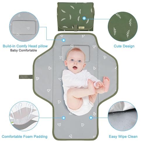 Baby Portable Changing Pad Travel - Waterproof Compact Diaper Changing Mat with Built-in Pillow - Lightweight & Foldable Changing Station, Newborn Shower Gifts thumbnail 3