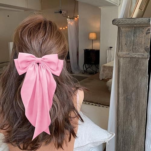 Large Hair Bows for Women Pink Silky Satin Hair Bow Hair Clips Long Tail French Hair Ribbon Coquette Bows Hair Barrettes for Girls thumbnail 3