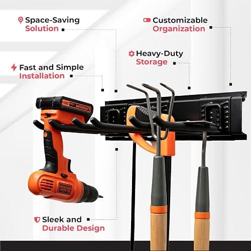 TIDYME Garage Tool Organizer Wall Mount - 48 inches - Sturdy Storage Rack with Adjustable Hooks, Anti-Rust - Easy Installation, 300lbs Capacity - Garden Tool Organizer (03 Racks & 06 Hooks) thumbnail 5