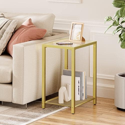 HOOBRO Side Table, 2-Tier End Table, Nightstand for Tight Spaces, Tempered Glass Bedside Table, Modern Metal Frame, for Office, Bedroom, Living Room, Study, Gold GD76BZ01 thumbnail 5