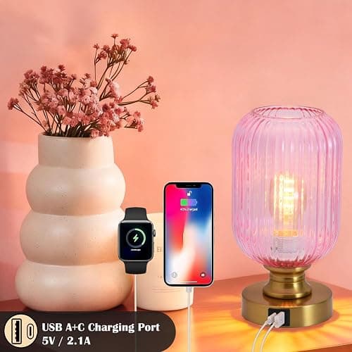MAINDECO Mid Century Glass Table Lamp,Dimmable Desk Lamp,LED Bulb Included,Touch Control & USB A+C Port,Pink Ribbed Glass thumbnail 3