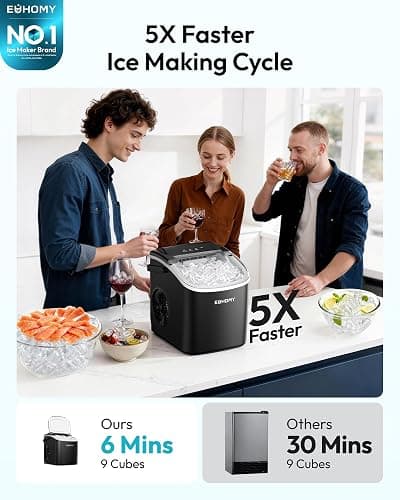 EUHOMY Countertop Ice Maker Machine with Handle, 26lbs in 24Hrs, 9 Ice Cubes Ready in 6 Mins, Auto-Cleaning Portable Ice Maker with Basket and Scoop, for Home/Kitchen/Camping/RV. (Black) thumbnail 2