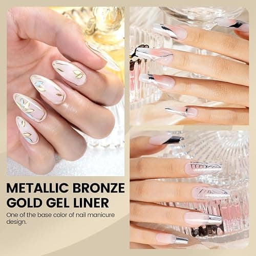 RARJSM Metallic Gel Liner Nail Art Silver Bronze Gold 2pcs Set Mirror Chrome 3D Effect Gel Nail Polish 8ml Build in Thin Brush Metal Painted Drawing Stripper Gelpolish Curing Requires for Home Salon thumbnail 2