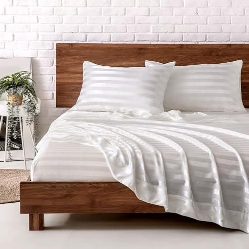 MR&HM Satin Bed Sheets, Twin Size Sheets Set, 3 Pcs Silky Bedding Set with 15 Inches Deep Pocket for Mattress (Twin, Ivory Striped) - Image 1