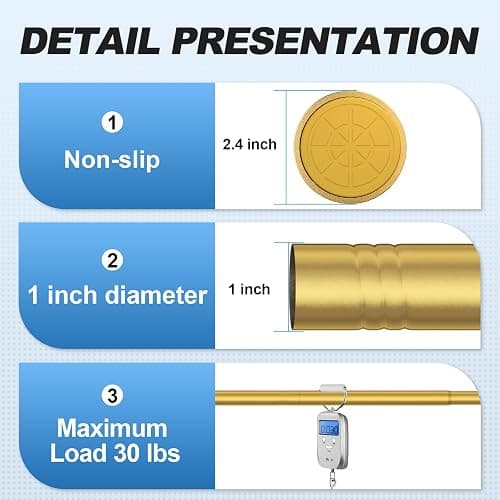 CorkLatta Gold Shower Curtain Rod 31 to 80 Inch,1 Inch Diameter Adjustable Spring Tension Stainless Steel Telescoping Rod,Easy Install,No Rust thumbnail 4