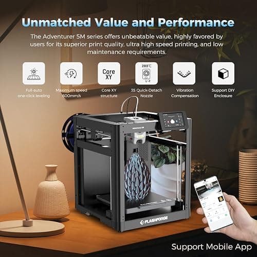 FLASHFORGE Adventurer 5M 3D Printer with Fully Auto Leveling, Max 600mm/s High Speed Printing, 280°C Direct Extruder with 3S Detachable Nozzle, CoreXY All Metal Structure, Print Size 220x220x220mm thumbnail 2
