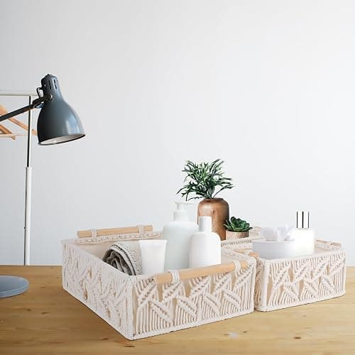 ANMINY 3PCS Macrame Storage Baskets for Organizing Boho Decor Baskets Storage Bins with Wood Handles Handmade Decorative Storage Boxes Desk Toilet Tank Bathroom Self Basket Organizer - Leaves thumbnail 4