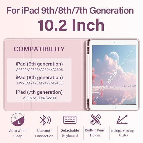 BQDIYOO Keyboard Case for iPad 9th/8th/7th Generation(2021/2020/2019), 10.2 inch iPad 9/8/7 Case with Keyboard, Auto Wake Sleep Cover with Pencil Holder, Pink thumbnail 2
