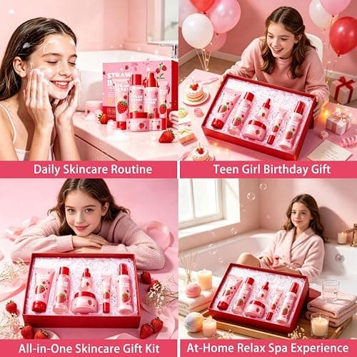 6 Pcs Strawberry Skincare Set for Teens Girls,Gentle Moisturizing Cleansing | Facial Cleanser for Girls 10-12,Daily Skin Care Routine Kit,Teen Girl Gifts Trendy Stuff,Birthday Gifts,Spa day kit for Women thumbnail 7