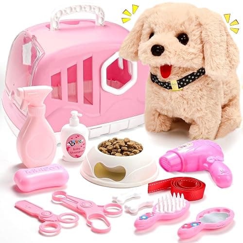 Volmop 14PCS Dog Toys for Kids, Walking Barking Electronic Interactive Plush Puppy Toy with Carrier and Accessories, Pet Care Toy Set for Kids, for Girls and Boys 3 4 5 6+ Year Old - Image 1
