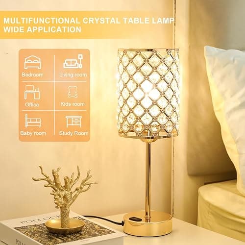Hong-in Gold Lamps for Night Stands-Crystal Table Lamp with USB-C+A & AC Charging Ports, 3-Way Dimmable Nightstand Touch Lamp, Bedside Desk lamp for Bedroom Living Room Home Office thumbnail 6