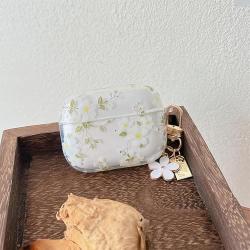 MINSCOSE Compatible with AirPods Pro 2nd/1st Generation Case Clear Case,Cute Pretty Flower Pattern Design with Floral Keychain, Soft TPU Protective Shockproof Cover for AirPods Pro/Pro 2-White Flower thumbnail 7