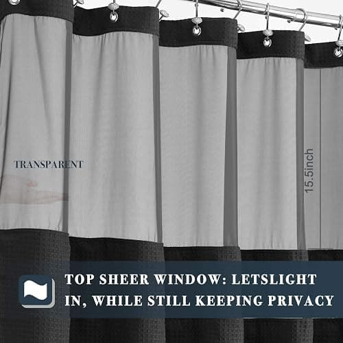 N&Y HOME Waffle Weave Shower Curtain with Snap-in Fabric Liner & 12 Black Hooks Set - Hotel Style, Water-Repellent & Washable, Mesh Top Window - 71x72, Black - Black - 71"W x 72"L (Pack of 1) thumbnail 6