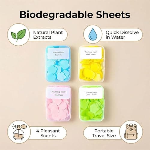 4 Different Scented Mini Fresh Portable Disposable Petal Hand Wash Sheets, Dissolvable Hand Bath Soap, Suitable for Children and Adults, Outdoor, Travel, Camping, 4 Boxes (Approx 400 Sheets) thumbnail 3