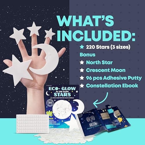 LUMOSX Glow in the Dark Stars for Ceiling – 220pcs Recycled Material Stars with North Star, Moon & Constellation E-Book for Kids' Room Decor thumbnail 2