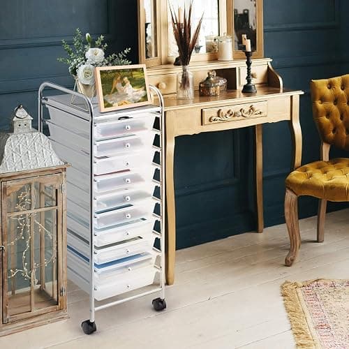 LDAILY 10 Drawer Rolling Storage Cart, Craft Organizer on Wheels, Drawer Cart with Metal Frame & Large Storage Capacity, Rolling Cart with Drawers for Living Room Classroom, Office thumbnail 9
