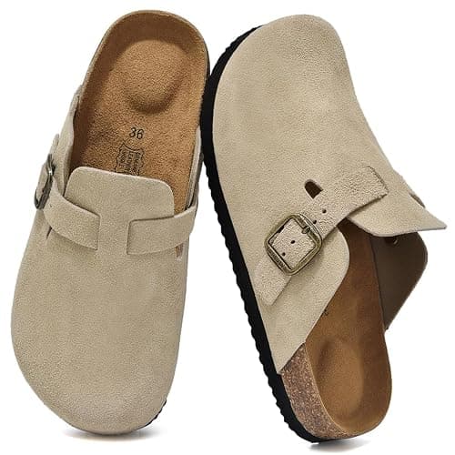 UpResty 100% Genuine Suede Toddler Kids Clogs with Arch Support, Boys Girls Infant Clogs with Comfort Memory Foam Insole, Non Slip Cork Footbed Mules for Kid with Adjustable Straps - Image 1