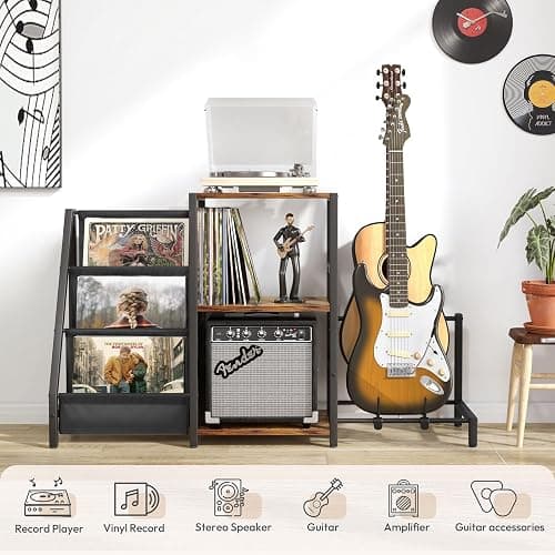Bikoney Record Player Stand, Guitar Stand for Acoustic, Electric Guitar, Bass with Amp Stand, 3-Tier Vinyl Record Storage Up to 200 Albums, Record Player Table for Record Player, Speaker, Amplifier thumbnail 4