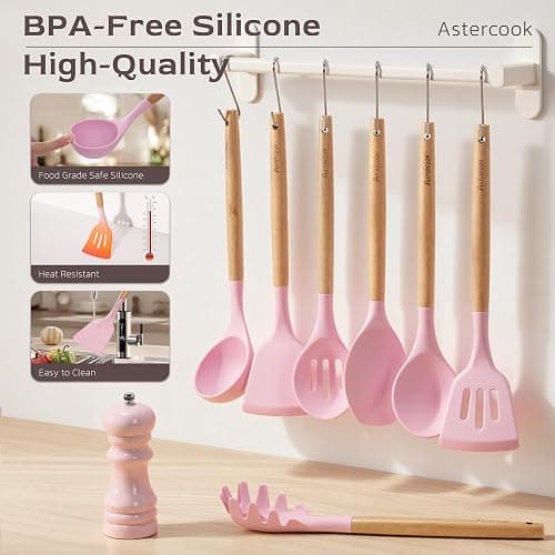Astercook Kitchen Utensils set, 39 PCS Silicone Cooking Utensils Set with Wooden Handle, 446°F Heat Resistant Food Grade Utensil Sets, BPA Free Kitchen Gadgets Tools Set for Nonstick Cookware (Pink) thumbnail 7
