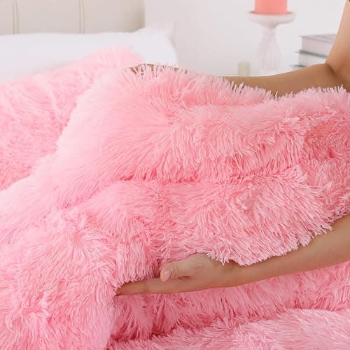 Smoofy Fluffy Queen Comforter Set, Faux Fur Pink Comforter Set Queen Size, Luxury Fuzzy Bedding Set, Soft Shaggy Bed Set Pink for All Season, 3 Pieces - 1 Comforter & 2 Pillowcases thumbnail 5