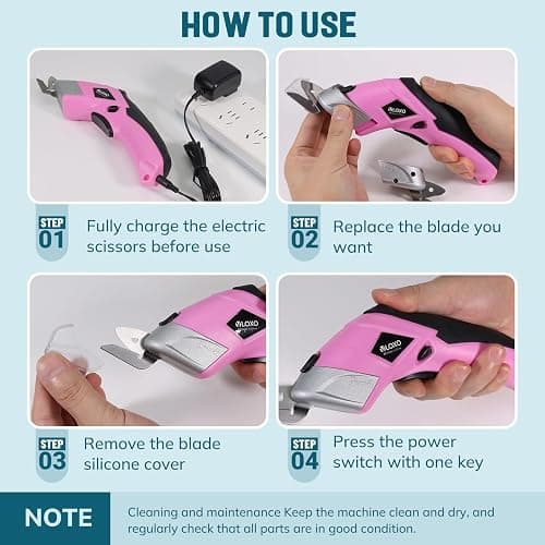 VLOXO Cordless Electric Scissors Cardboard Cutter with 2 Type Blades Rechargeable Powerful Shears Cutting Tool for Fabric Electric Box Cutter Leather Felt with Charger & Storage Box-Pink thumbnail 7