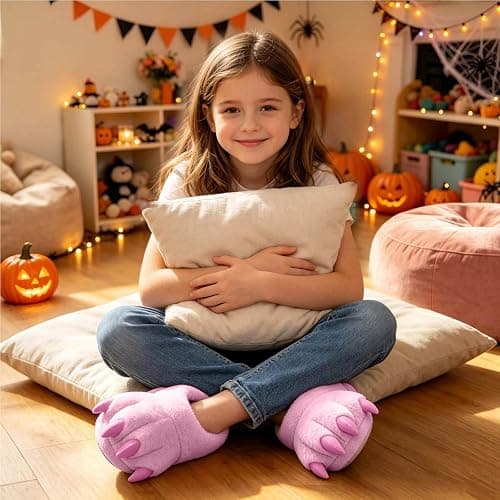 Kids Furry Paws Slippers Boys Girls Cute Funny Slipper Shoes 7-12Y | Plush Furry Monster Cat Paw Slipper Flannel Animal Claw Winter Boots Props Halloween Christmas Birthday Holiday Party Costume thumbnail 3