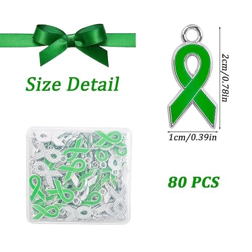 WANDIC 80 Pcs Green Ribbon Pendants, Plastic Silver-rimmed Mental Health Awareness Charms Environment protection Liver Cancer Accessory for Jewelry Making thumbnail 3
