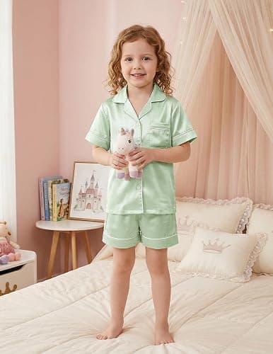 Arshiner Girls Pajamas Silk Satin Pajama Sleepwear Button Down Kids Pj Set | Soft Comfortable Silky Fabric, 2-Piece Pjs, Cute Pajamas for Little & Big Girls, Ideal for Lounging and Sleeping thumbnail 2