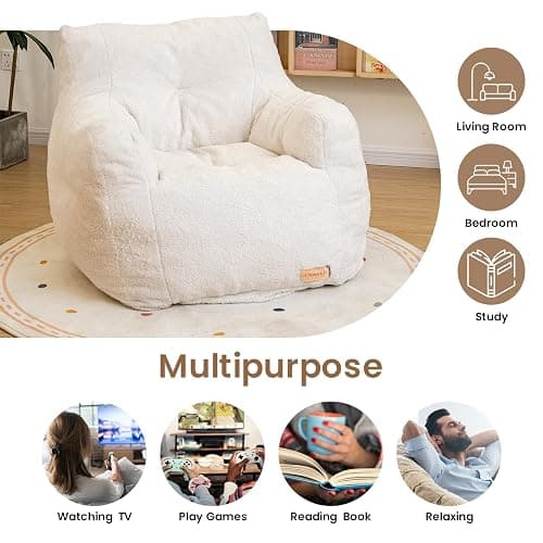 Cvortll Bean Bag Chair with Filler, Bean Bag Sofa with Tufted Soft Stuffed Filling, Fluffy and Lazy Sofa, Comfy Cozy BeanBag Chairs with Memory Foam for Dorm, Apartment, Living Room (White) thumbnail 7