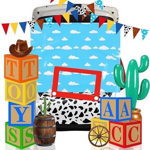 Mindsoft 17 Pcs Halloween Cowboy Trunk or Treat Car Decor Garland Cactus | Cow Print Boxes, Blue Sky White Cloud Backdrop, Inflatable Cactus, Western Garland for SUV Outdoor Birthday Party Decorations - Image 1