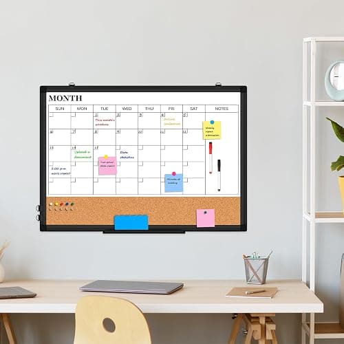 Monthly Calendar Whiteboard Dry Erase Cork Board Combo, 24" x 18" Magnetic Double-Sided Calendar White Board and Bulletin Board with Black Aluminium Frame, Portable Whiteboard for Office, Home, School thumbnail 2