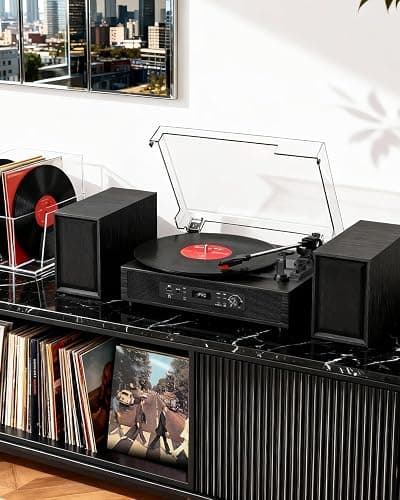 Vinyl Record Player with 4+2 External Stereo Speakers Bluetooth 3-Speed Belt Drive Turntable for Vinyl Records Two Speakers USB/SD Recording RCA Headphone Out& AUX-in, Vintage Black Wood thumbnail 5