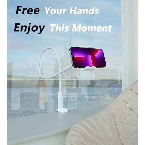 MAGIPEA Gooseneck Phone Holder for Bed, Flexible Overhead Cell Phone Mount for Desk, Hands-Free Viewing Clamp Stand Compatible with iPhone 17 16 15 Pro Max and 3.5-7" Devices, White thumbnail 3