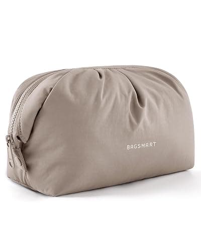 BAGSMART Makeup Bag Travel Makeup Bag, Cute Make Up Bag, Large Capacity Cosmetic Bags for Women, Wide-open Makeup Pouch Travel Essentials Toiletries Accessories Brushes (Camel) - Image 1