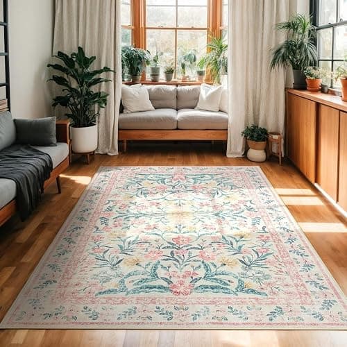 LKTRYFAM Machine Washable Floral Rugs for Living Room 3x5 Area Rugs, Vintage Non Slip Bedroom Rugs Ultra-Thin Soft Rug, Boho Low-Pile Throw Rug Stain Resistant Carpet for Girls Room Dorm (3x5ft,Pink) thumbnail 2