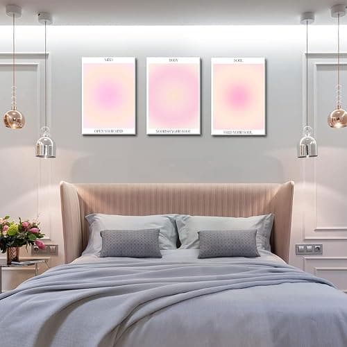 Trendy Aesthetic Canvas Wall Art Aesthetic Set of 3 | Gradient Psychedelic Aura Angel Posters Prints Room Decor | Pink Wall Art Decor for Bedroom, Living Room - Framed 16x24 Inch - 16"x24"x3 Framed - Pink thumbnail 3