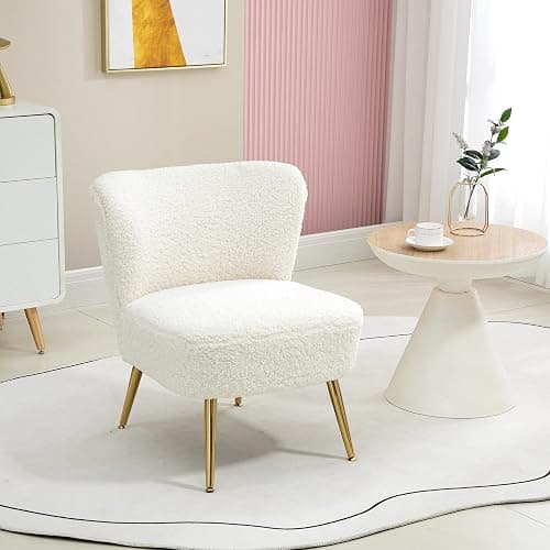 HOMCOM Armless Accent Chair for Bedroom, Upholstered Side Chairs for Living Room with Gold Steel Legs, Slipper Chair, White - White thumbnail 2