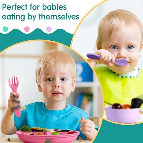 CHENGU 12 Pcs Silicone Bowl with Suction Set for Baby Toddler with Suction Plate, Spoon and Fork, Divided Design Baby Feeding Utensils Weaning Kit, Dishwasher and Microwave Safe thumbnail 7