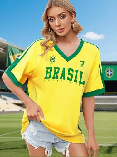 Soccer Jersey Shirts for Women Argentina Brazil Jersey Shirt Soccer Mom Tshirts Y2k V Neck Soccer Fans Tee Top thumbnail 6