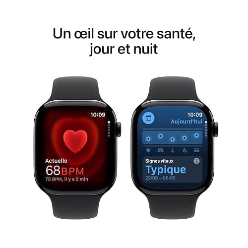 Apple Watch Series 10 (46 mm GPS) Montre connectée avec Boîtier en Aluminium Noir de Jais et Bracelet Sport Noir (M/L). Suivi de l’activité Physique, app ECG, écran Retina Toujours activé thumbnail 5