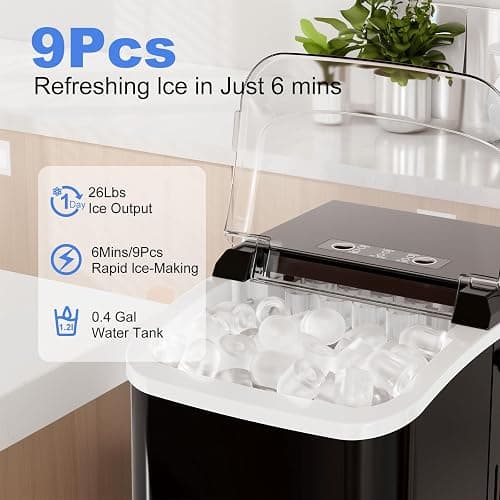 NEWBULIG Ice Makers Countertop with Handle, Portable Ice Machine, 9 Bullet Cubes in 6 Mins, 26lbs in 24Hrs, Auto-Cleaning, with Basket and Scoop, for Home, Kitchen, RV, Camping, Black thumbnail 4