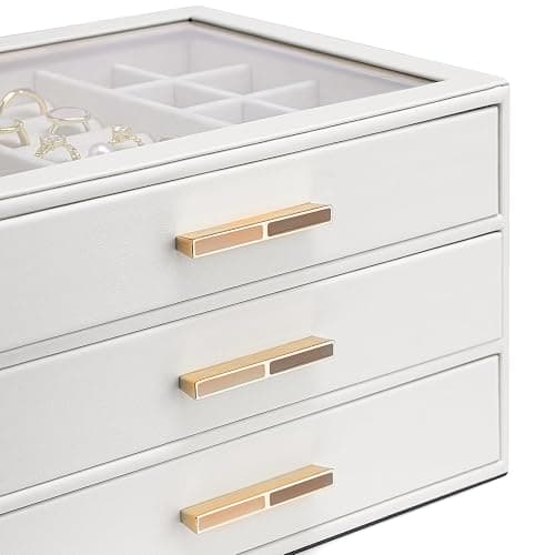 Vlando 3-Drawer Jewelry Box Organizer with Glass Lid, White | Faux Leather Jewelry Organizer for Rings Earrings Necklaces and More, Gift-Ready Jewelry Case for Women Girls or Moms thumbnail 8