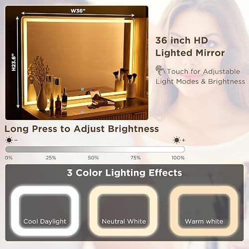 T4TREAM 48" Fluted Makeup Vanity Desk with 36" Lighted Mirror, Oak | Smart LED Mirror, Visible Glass Top, 5 Drawers & Adjustable Shelves, Charging Station, Bedroom Makeup Storage thumbnail 3