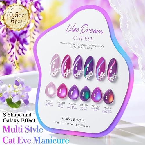 Double Rhythm Cat Eye Gel Nail Polish Set of 6 Same Color Same Bottle 0.5 Oz Shimmer Glitter with Magnet Holographic Magnetic UV Nail Polish Kit (Blush Fuchsia Magenta Purple Violet Lavender -T6-107) thumbnail 9