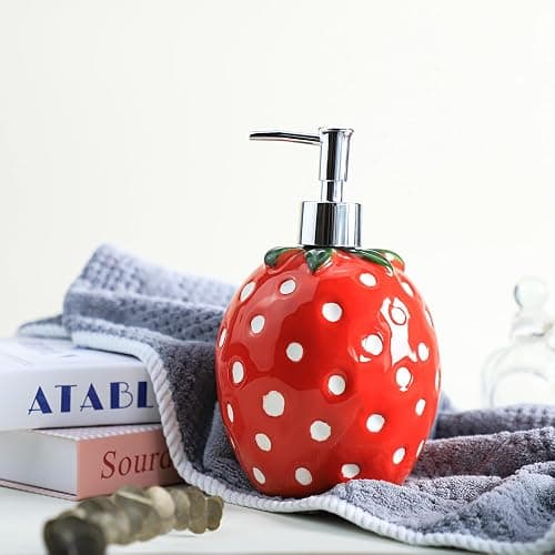 Colias Wing Fruit Shaped Soap Dispenser with Plastic Pump, Refillable Lotion Soap Bottle, Lotion Bottle, Hand Soap Dispenser, Home Decoration-Strawberry - Strawberry thumbnail 4