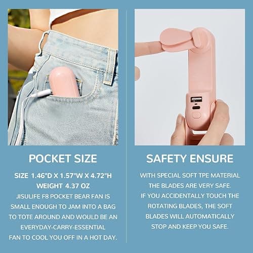 JISULIFE Handheld Mini Fan, 3 IN 1 USB Rechargeable Portable Fan [12-19 Working Hours] with Power Bank, Flashlight, Pocket Design for Travel/Summer/Concerts/Lash, Gifts for Women (Pink) thumbnail 7