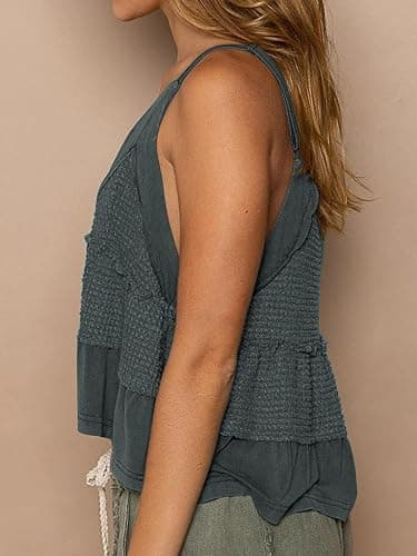 VNIRA Womens Sleeveless Peplum Spaghetti Strap Babydoll V Neck Ruffle Loose Fit Waffle Knit Crop Boho Tank Tops thumbnail 2
