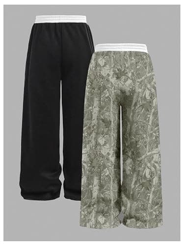 RoseSeek Girl's Wide Leg Sweatpants Elastic Waist Color Block Baggy Sweatpants Joggers Track Pants 2 Pack thumbnail 2