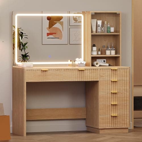 BTHFST Fluted Vanity Desk with Large Mirror,Lights,Charging Station, Oak | 47.4" Large Makeup Vanity with 7 Drawers, Glass Cabinet, Storage Shelves, Wood Vanity Table for Women, Girls thumbnail 8